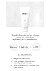Lagom Cellup Micro Foam Cleanser on a textured white background with product description text.