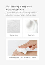 Product advertisement for Cellup Micro Foam Cleanser showing normal foam and micro foam with text about cleansing.