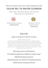 Product description and awards for Cellup Gel to Water Cleanser on a white background