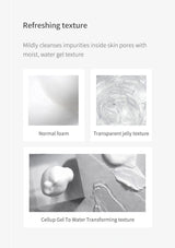 Textured product description with images of foam, jelly texture, and gel transformation.
