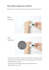 Oil-water balance control measurement before and after cleansing with text on a white background
