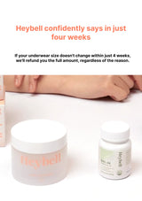 Heybell products with a promotional message about size change guarantee on a white background