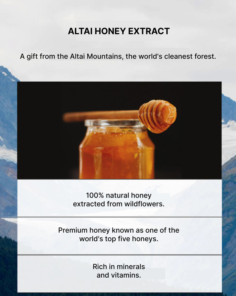 Advertisement for Altai Honey Extract with a jar of honey and a honeycomb on a mountainous background.