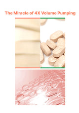 Collage of pills and skin texture with text 'The Miracle of 4X Volume Pumping' on a white background.