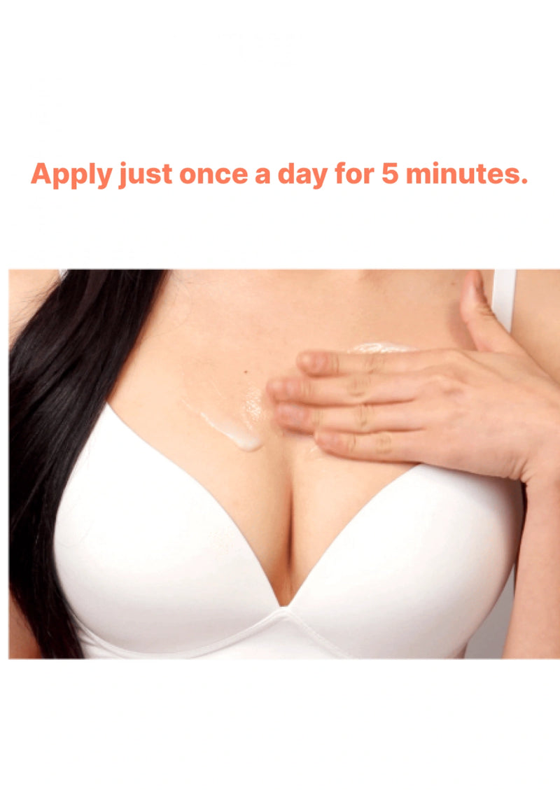 Woman applying cream to her chest with text 'Apply just once a day for 5 minutes.'