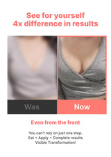 Before and after comparison of a person wearing a gray top with text highlighting results and transformation.