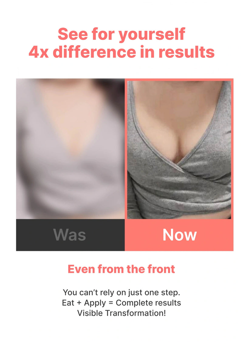Before and after comparison of a person wearing a gray top with text highlighting results and transformation.