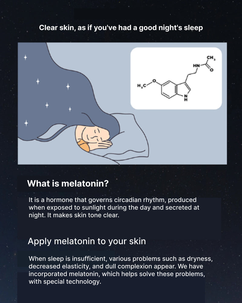 Illustration of a person sleeping with a diagram of melatonin and text explaining its benefits.