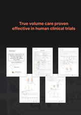 Documents on a black background with text about true volume care being effective in human clinical trials.