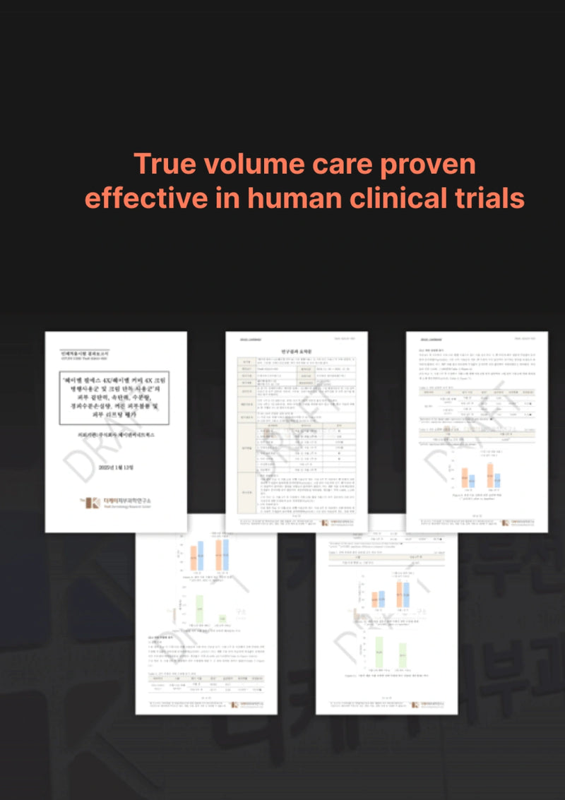 Documents on a black background with text about true volume care being effective in human clinical trials.