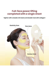 Woman holding a skincare product with labeled zones on a yellow background