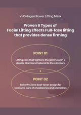 V-Collagen Power Lifting Mask advertisement with text about facial lifting effects on a dark background.