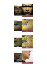 Before and after comparison of a person's face with blindfolds, a close-up of a surface, and a side view of a person's face.