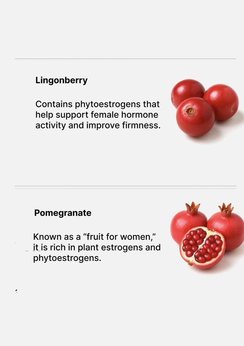 Lingenberry and pomegranate with text about phytoestrogens on a white background