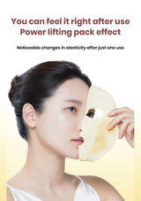 Woman holding a face mask with text about power lifting pack effect