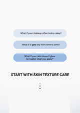 Text prompts about common skin concerns and a call to action on a light gray background.