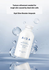 AIDA Hyal Glow Booster Ampoule bottle with water droplets on a light blue background