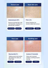 Skincare product features with text on a blue background