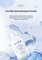 AIDA skincare bottle with water droplets and text about zero wait, quick absorption formula on a light blue background.