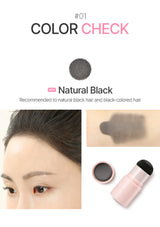 Color check swatch for natural black hair with a brush and product application on skin.