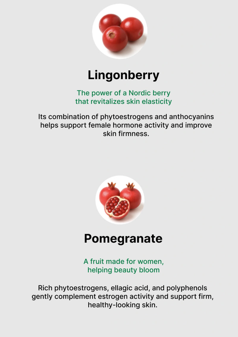 Lingonberry and pomegranate images with text on a light gray background