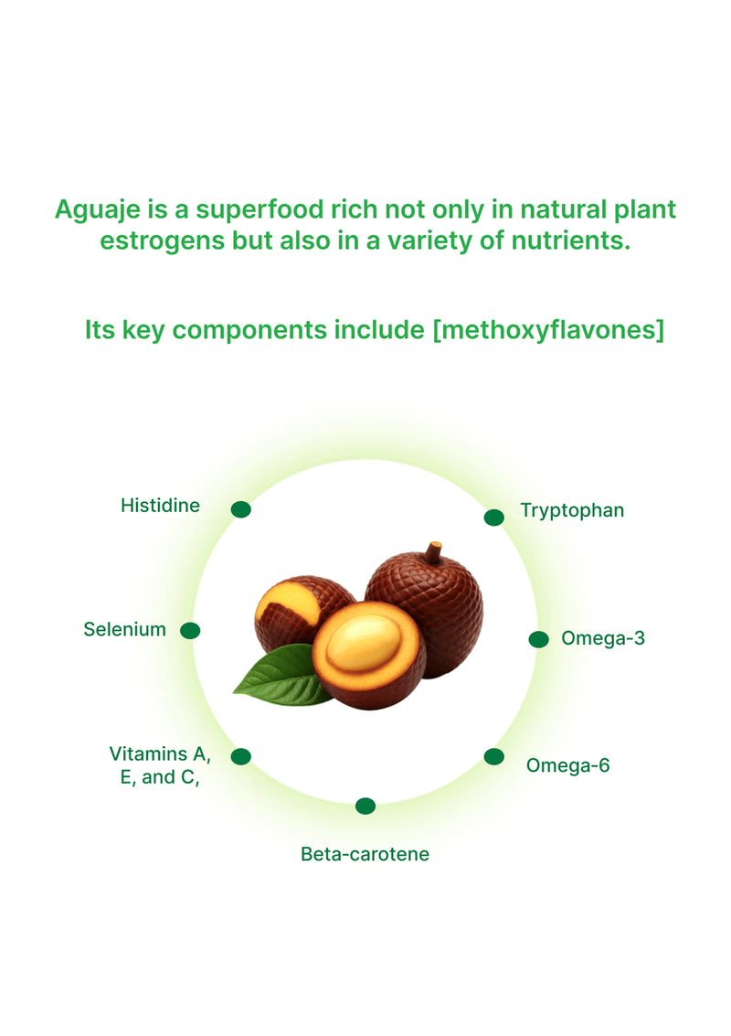 Illustration of aguaje fruits with nutritional components labeled on a white background.