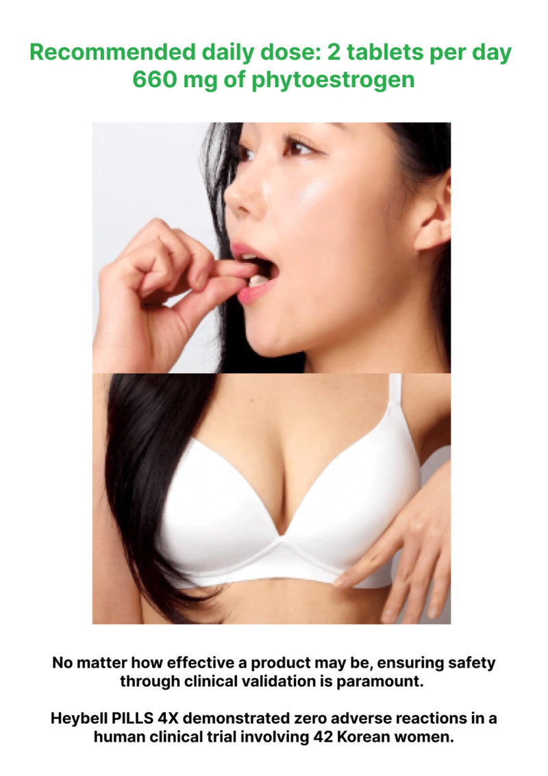 Advertisement showing a woman taking a pill with text about phytoestrogen tablets and clinical trial information.