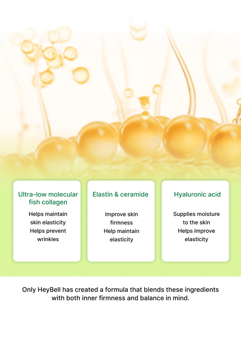 Product packaging with fish collagen, elastin, ceramide, and hyaluronic acid labeled on a light green background.