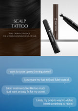 Hair product advertisement with text about scalp coverage and hair fulleriness.