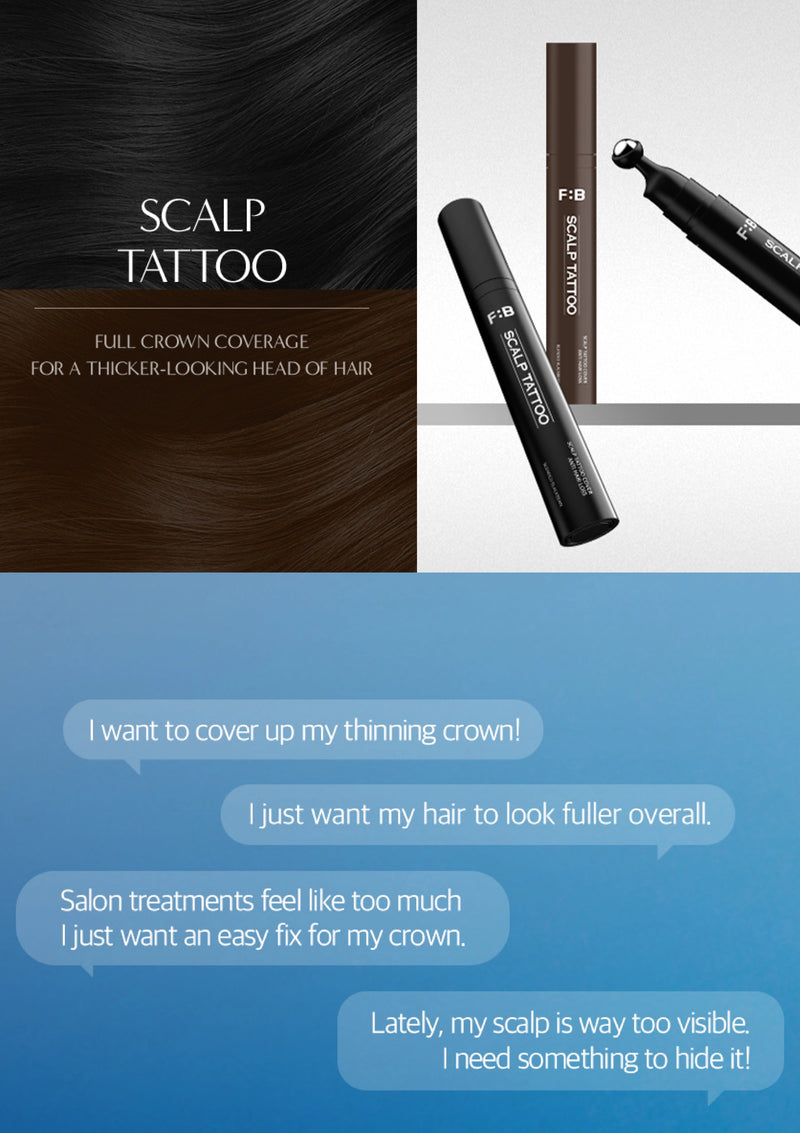Hair product advertisement with text about scalp coverage and hair fulleriness.