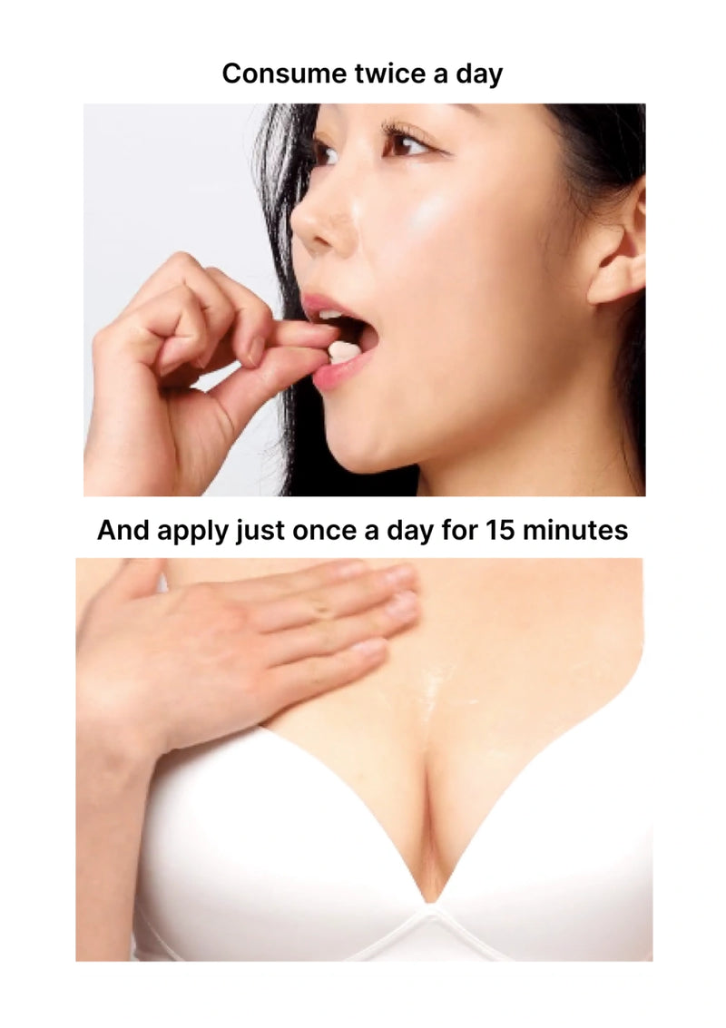 Woman applying a product to her lips with text instructions on consumption and application.