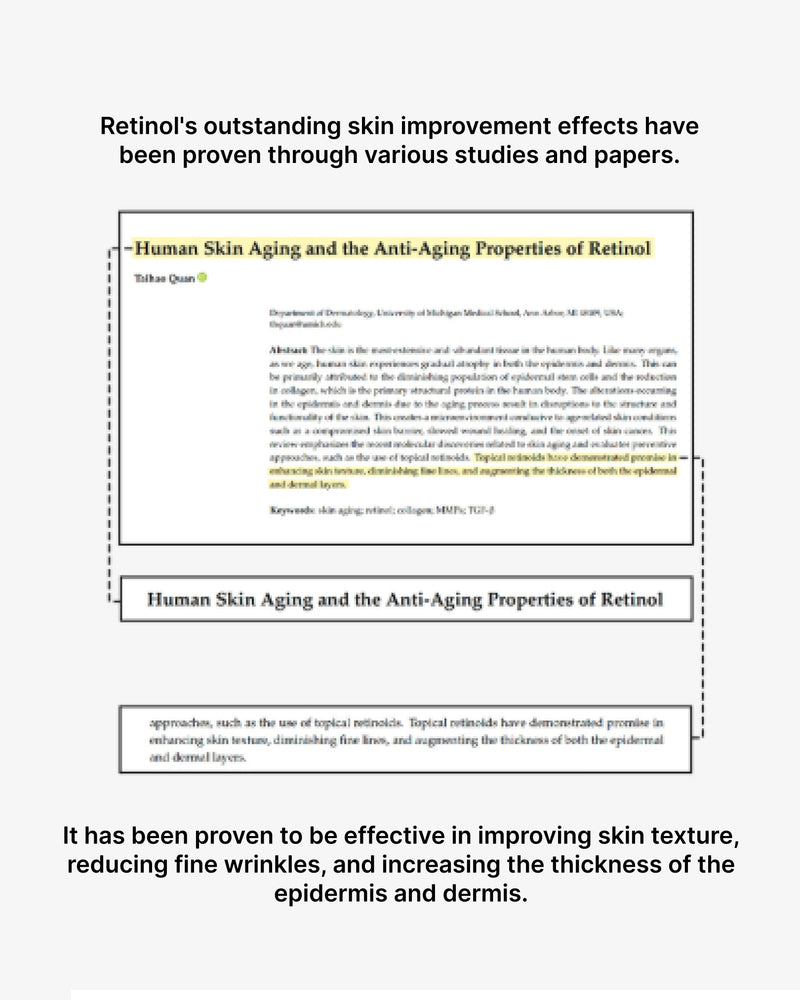 Text about Retinol's skin improvement effects with a document layout.