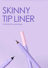 Two eyeliner pens on a purple background with text about 'Skinny Tip Liner'.