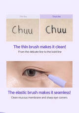 Eyebrow pencil demonstration with text on thin and thick lines, and a close-up of an eye being groomed.