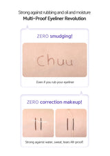 Advertisement for a multi-proof eyeliner with text and images of eyeliner application.