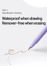Purple pen drawing a heart on a white background with text about waterproofing and remover-free erasing.