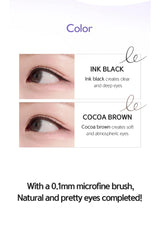 Eyes with ink black and cocoa brown eyeliner, labeled with effects on eye appearance.