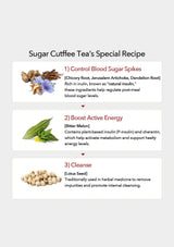 Sugar Cutffee Tea's Special Recipe with ingredients and benefits on a white background