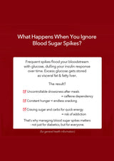 Informational text on a red background about blood sugar spikes and their effects.