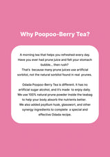 Promotional text about Odada Poopoo-Berry Tea on a pink background