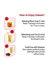 Tea bag in a glass of iced tea on a windowsill with text promoting the benefits of the tea.