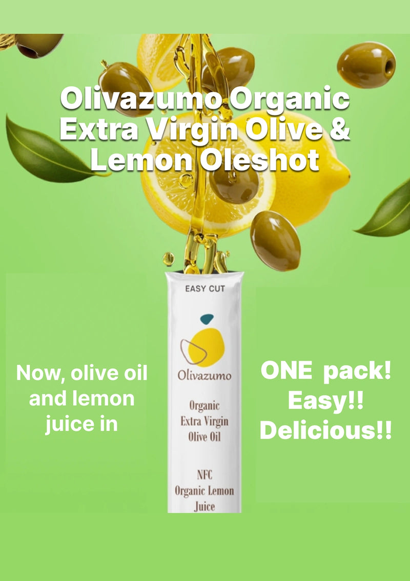 Olivazumo Organic Extra Virgin Olive & Lemon Oleshot packaging with lemon and olive graphics on a green background.