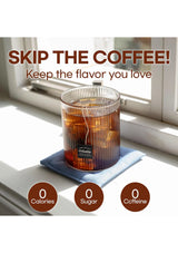 Tea bag in a glass of iced tea on a windowsill with text promoting the benefits of the tea.