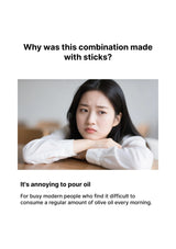 Woman with a concerned expression on a white background with text about olive oil and sticks.