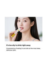 Woman holding a yellow and white product with text about its convenience and delicious ratio.