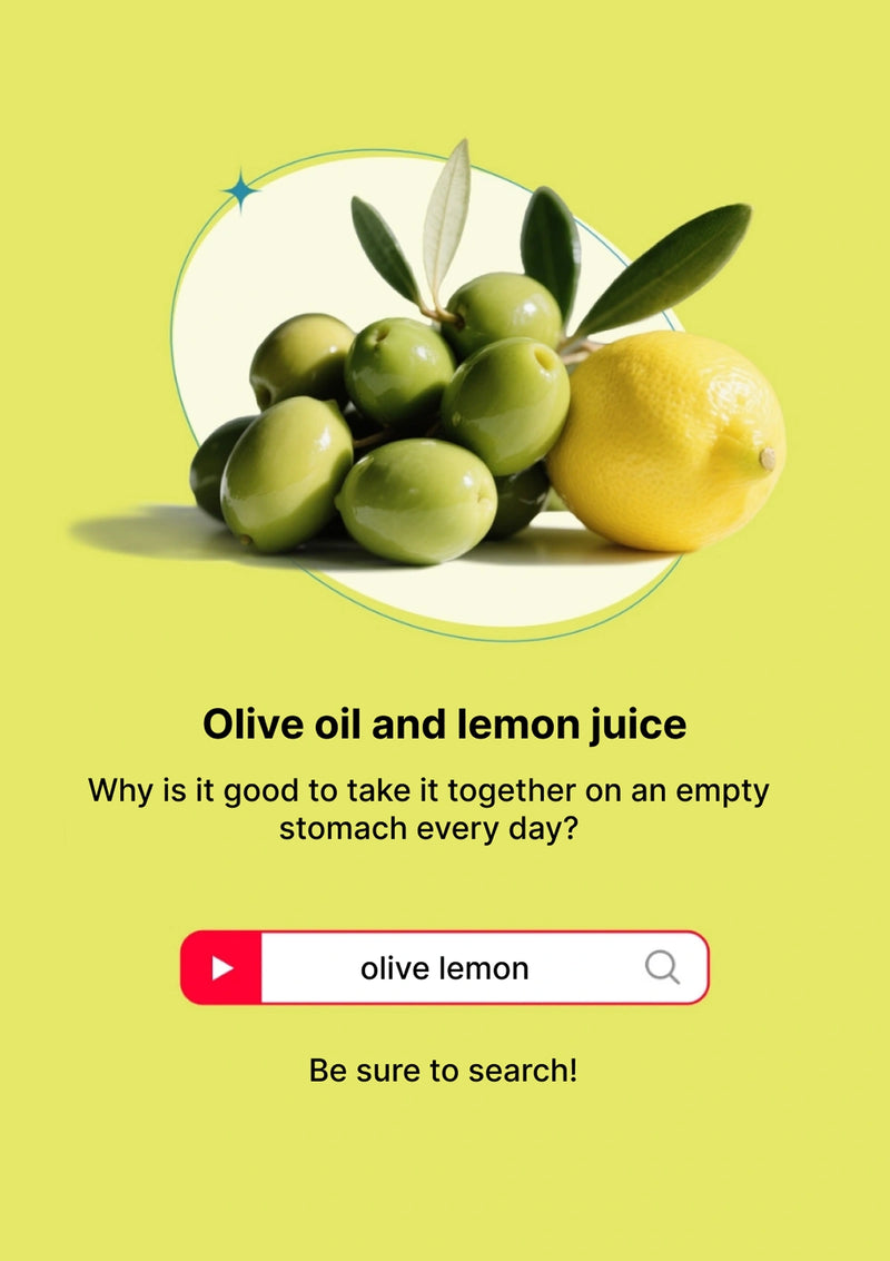 Green olives and lemon on a yellow background with text about olive oil and lemon juice.