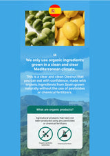 Product packaging with organic ingredients and a blue background