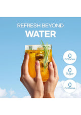 Glass of iced tea held by hands with a blue sky background and text about health benefits.