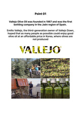 Promotional image for Vallejo Olive Oil with text about the company's founding and mission.