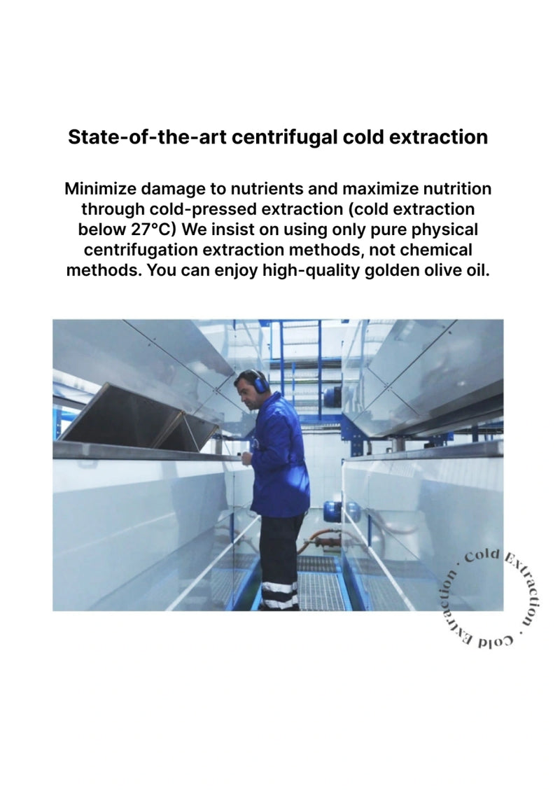 Person in a blue jacket working in a modern facility with text about centrifugal cold extraction.